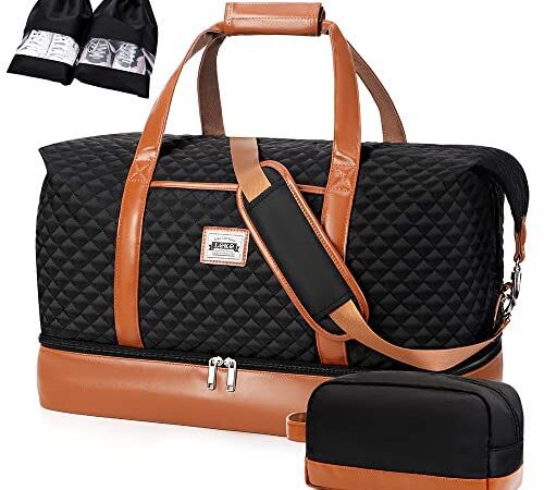 Lekesky Doppellagige Reisetasche Weekender Damen Groß mit Schuhfach/ 50L Reisetasche Kliniktasche Strandtasche mit 1 Kulturtasche und 2 Schuhsäcken (Schwarz Gesteppt)