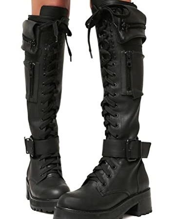 Minetom Damen Gothic Punk Plateau Stiefel Zipper Schnürboots Blockabsatz Motorrad Combat Stiefel Langschaftstiefel Ritterstiefel A Schwarz 42 EU