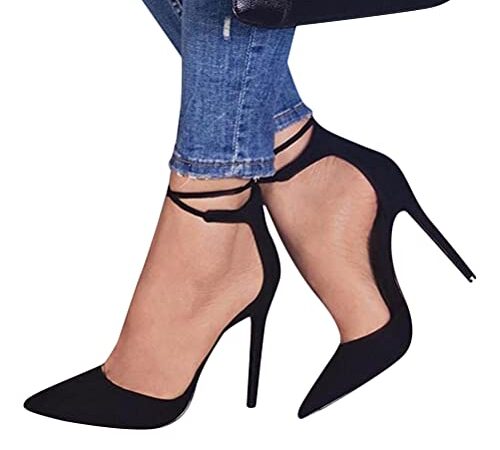 Minetom Damen Stiletto High Heels Pumps Spitz Party Basic Schuhe Geschlossen Schnürsenkel Wildleder Sandalen Abendschuhe A Schwarz 38 EU