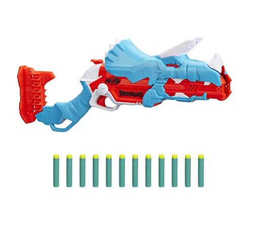 Nerf DinoSquad Tricera-Blast Dart-Blaster, aufklappbarer 3-Dart Lauf, 12 Nerf Darts, Dart-Aufbewahrung, Triceratops Dinosaurier Design