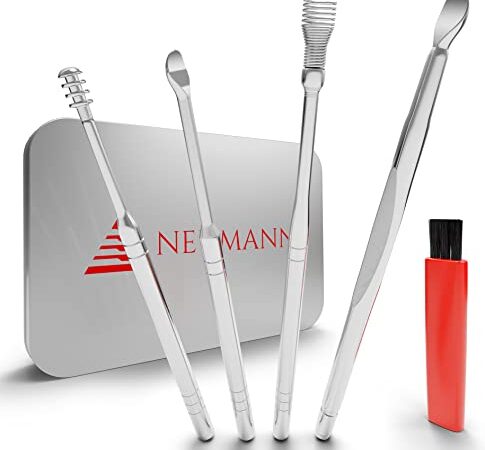 NEUMANN® Wiederverwendbares Ohrenreinigungs-Set aus rostfreiem Edelstahl mit handlicher Aufbewahrungsbox (Metallschlinge, Spirale & Löffelform) Premium Ohrenschmalz-Entferner für Erwachsene [Silber]
