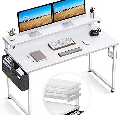 ODK Schreibtisch mit Monitorablage Höhenverstellbaren, Computertisch mit Aufbewahrungstasche und Kopfhörer Halter, Bürotisch PC Tisch für Home Office, 120 × 50 × 84 cm, Weiß