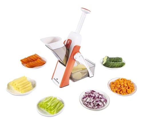 ONCE FOR ALL Safe Mandoline Slicer 5 in 1 Gemüseschneider, Streifen Julienne Dicer Einstellbare Dicke 0,1-8 mm für Küche Fast Meal Prep (Orange)