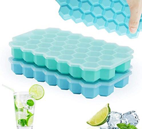 Rottay Eiswürfelform, 37-Fach Eiswuerfel Form 2er Pack Silikon Eiswürfelbehälter Mit Deckel Ice Cube Tray, Stapelbar Eiswürfelformen für Whisky Cocktails Saft Schokolade Süßigkeiten (grün + blau)