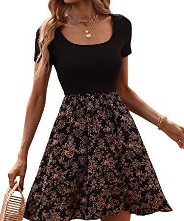 SheIn Damen Kleid 2-in-one Blumen Kleider Skaterkleid Hohe Taille Freizeitkleid mit U-Ausschnitt Schwarz M