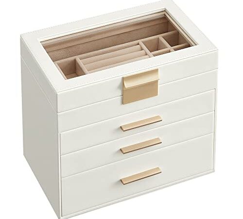 SONGMICS Schmuckkästchen, Schmuckkasten mit 4 Ebenen, Schmuckbox mit Glasdeckel, 3 Schubladen, für Sonnenbrillen, große Schmuckstücke, Schmuckaufbewahrung, modern, wolkenweiß-golden JBC161W01