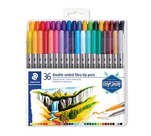 STAEDTLER Doppelfasermaler, zwei Spitzen für schmale und breite Linien, Klarfaltetui mit 36 leuchtenden Farben, 3200 TB36