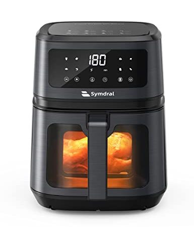 Symdral Heißluftfritteuse 5L, 8-in-1 Heissluftfriteuse mit Sichtfenster, LED-Touchscreen, Anpassbare Cooking-Programme, Antihaftbeschichteter, 360 ° gleichmäßige Luftzirkulation