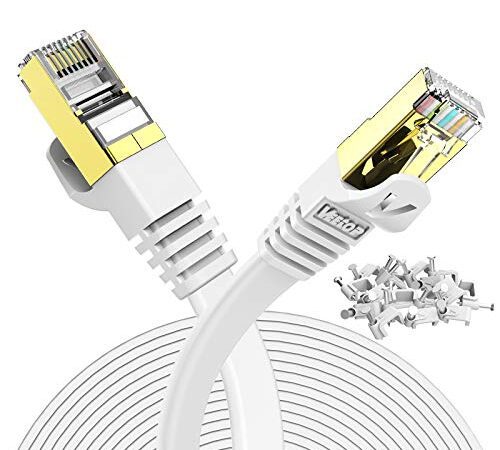 Veetop 20m Lan Kabel Cat 7 Netzwerkkabel Flach für 10 Gigabit Ethernet mit vergoldetem RJ45. Weiß