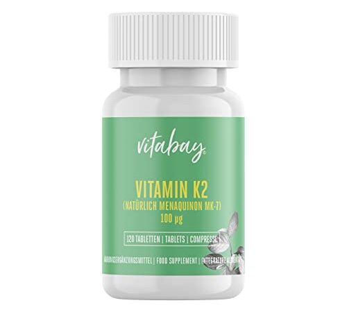 Vitabay Vitamin K2 100 µg hochdosiert (mcg) - VEGAN 120 Vitamin K2 Tabletten MK7 MK-7 aus natürlichen Zutaten und laborgeprüft - Vit K2 Vitamin K 2 (Menaquinon-7) All-Trans Form K2 Vitamin Vitamin-k2