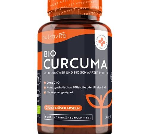 4542 mg Bio Curcuma mit Ingwer - 270 hochdosierte Kurkuma Kapseln - Mit Bio Pfeffer (0,8 mg Piperin) - 231 mg reines Curcumin - Laborgetestet in Deutschland - Vegan - Ohne Magnesiumstearat