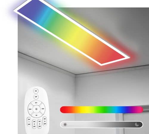 A.T.Lums LED Panel RGB 120x30cm - 40W Deckenleuchte Dimmbar mit Fernbedienung, Deckenpanel mit 7 Lichtfarben und Neutralweiß 4000K 2800Lm, LED Deckenlampe für Büro, Wohnzimmer, Küche