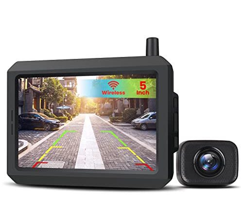 AUTO-VOX W7 Kabellos Digital Rückfahrkamera Set mit 5“(12.7cm) LCD-Monitor mit Antenne, eingebautem Funksender, Wireless Einparkhilfe,Wasserdicht IP68 Backup Rückfahrkamera, Nachtsicht für SUV,Van,KfZ