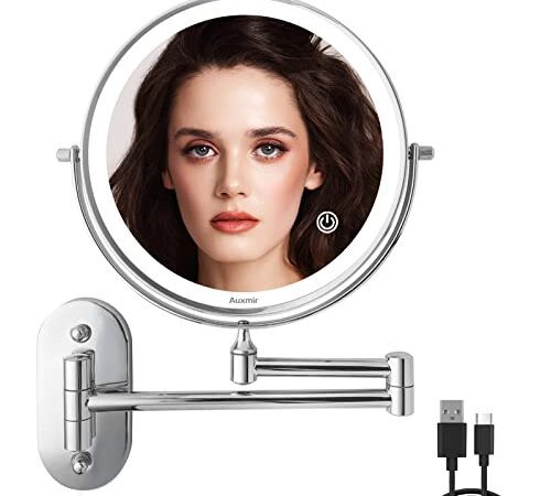 Auxmir Kosmetikspiegel mit 1X/ 10X Vergrößerung LED Beleuchtung, Dimmbarer Schminkspiegel mit Touchschalter USB Wiederaufladbar, Rasierspiegel 360° Drehbar Wandmontage für Badezimmer, Spa und Hotel