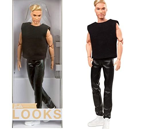 Barbie GTD90 - Signature Looks Puppe Ken (blond mit Bart), bewegliche Modepuppe mit schwarzem T-Shirt und Vinylhose, Spielzeug ab 6 Jahren