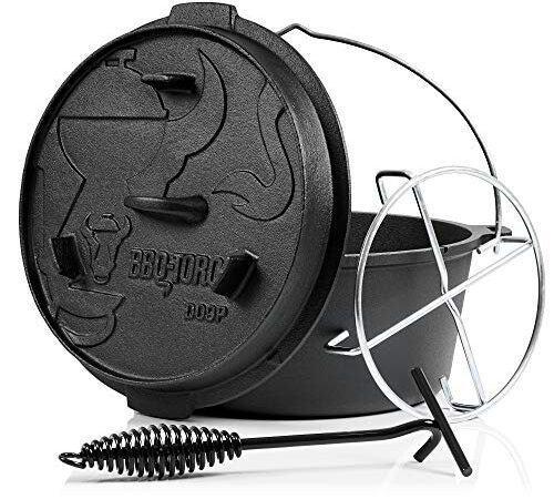 BBQ-Toro Dutch Oven Premium Serie | 9,0 Liter (DO9P), Topf ohne Füße | bereits eingebrannt - preseasoned | Verschiedene Größen | Gusseisen Kochtopf | Bräter mit Deckelheber