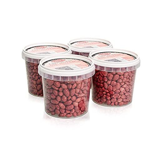 Bella-B Geröstete Erdnüsse - 4 x 250g Becher - ,,Die Roten'' - Dragierte Erdnüsse mit rotem Zuckerüberzug - Partysnack - Süße Nüsse - Die roten Erdnüsse - Einzigartiger Geschmack - Deutsche Produktion