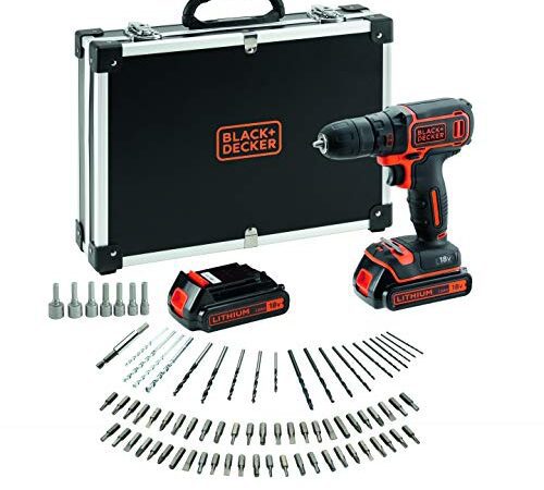 Black+Decker BDCDC18BAFC-QW Bohrschrauber (18V, 2X Li-Ion Schiebe-Akku, Planetengetriebe, LED-Arbeitsleuchte, 1A Ladegerät, inkl. 80-TLG. Zubehör im hochwertigen Koffer), 18 V