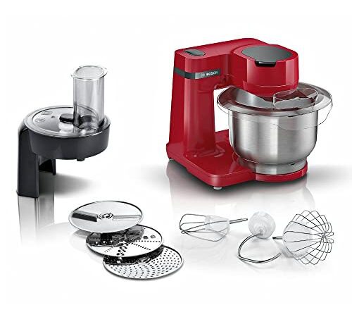 Bosch Küchenmaschine MUM Serie 2 MUMS2ER01, Edelstahl-Schüssel 3,8 L, Planetenrührwerk, Knethaken, Schlag-, Rührbesen Edelstahl, Durchlaufschnitzler, 3 Scheiben, 700 W, rot