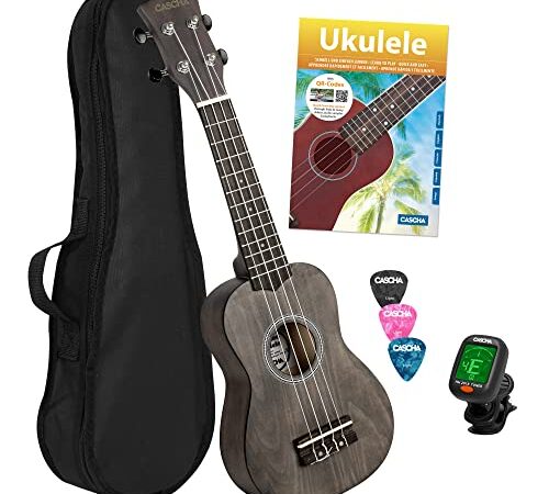 CASCHA Sopran Ukulele Set für Kinder und Erwachsene I Ukulele Starter Kit mit 3 Plektren Tasche Lehrbuch Lernvideos über QR-Code Stimmgerät I Set Aquila Saiten Nylon I Kleine Hawaii Gitarre Schwarz