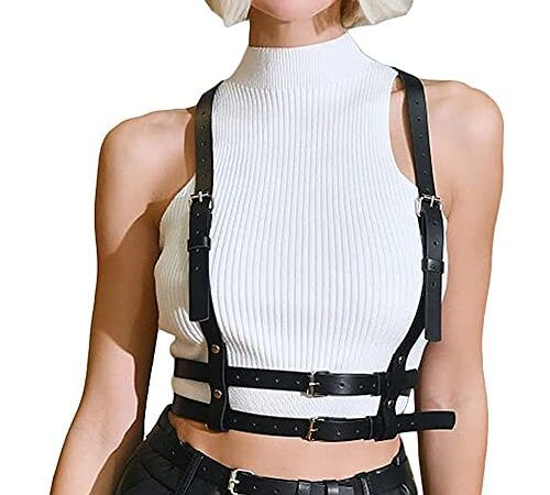 Damen Punk Taillengürtel PU Leder Harness Gürtel Schwarz Gothic Weste Gürtel Verstellbare Körperkette für Frauen Mädchen Cosplay Party Rave Outfit Halloween Kostüm