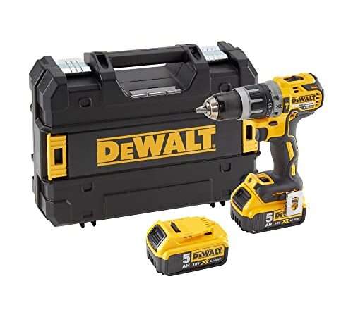DeWalt Akku-Schlagbohrschrauber (18 V, 5 Ah, mit LED-Arbeitslicht, bürstenlose Motor-Technologie, zwei-Gang-Vollmetallgetriebe, inkl. 2x Akkus, System-Schnellladegerät und Tstak-Box), DCD796P2