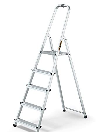 DRABEST Trittleiter klappbar Aluleiter 5 Stufen mit Ablage Stufenleiter Haushaltsleiter Belastbar bis 125 kg Stehleiter kostenloser Haken