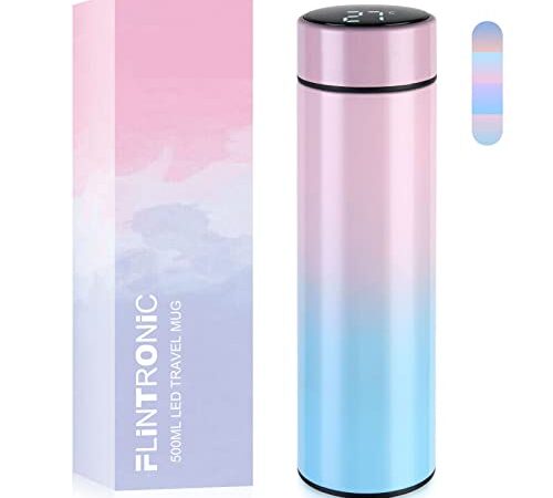Flintronic Thermosflasche, 500ML Wasserflasche Vakuum Isolierbecher 304 Edelstahl, LCD-Touchscreen Temperaturanzeige, Gradient Smart Mug Trinkflasche, Ideal für Hitze und Kälte -Farbverlauf rosa