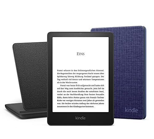 Kindle Paperwhite Signature Essentials Bundle mit einem Kindle Paperwhite Signature Edition (32 GB | ohne Werbung), einer Amazon Stoffhülle (Marineblau) und einem kabelloses Ladedock „Made for Amazon“