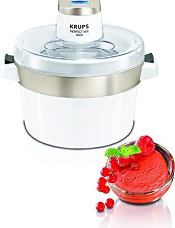 Krups GVS241 Eismaschine Venice Perfect Mix | 1L hausgemachtes Eis, Sorbet, Frozen Jogurth | Ohne Kompressor | Inklusive Rezeptheft und Silikonlöffel | Digitalanzeige und Signalton, Weiß