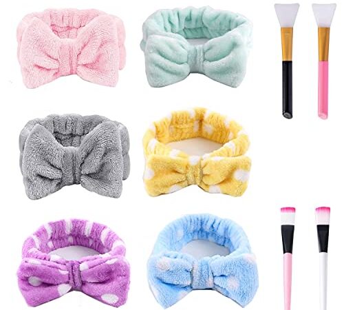 LadayPoa 6 stück Spa-Stirnbnder, Haarband Schminken, Frauen Coral Fleece Elastisches Stirnband mit 4 stück Maskenpinsel für Duschen, Gesichtswaschen Oder Sport Verwendet Werden Knnen (mix Farbe)