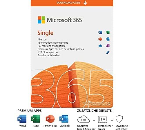 Microsoft 365 Single (inkl. Microsoft Defender) | 1 Nutzer | Mehrere PCs/Macs, Tablets und mobile Geräte | 1 Jahresabonnement | Download Code