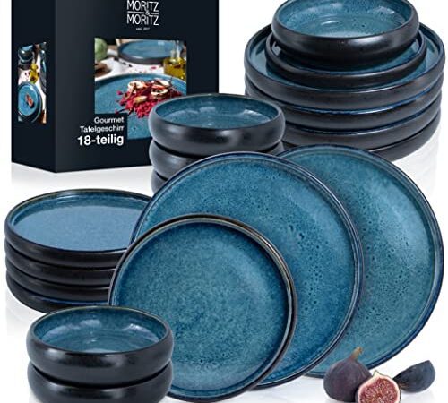 Moritz & Moritz SOLID 18-tlg Steinzeug Geschirr Set 6 Personen – Geschirrset 6 Personen aus je 6 Dinner Teller, Kleine Teller, Tiefe Teller