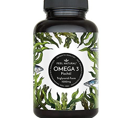 Omega 3 Fischöl Kapseln - 365 Kapseln - 1000mg Fischöl je Kapsel mit EPA und DHA - Essentielle Omega 3 Fettsäuren hochdosiert im Jahresvorrat - aus nachhaltigem Fischfang, ohne unerwünschte Zusätze