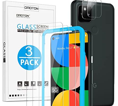 OMOTON 3 Stück Schutzfolie kompatibel mit Google Pixel 5A und 2 Stück Kamera Schutzfolie, Anti- Kratzer, 9H Härte, HD-Klar, mit Installationshilfe