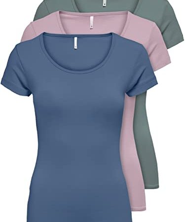 ONLY 3er Pack Damen T-Shirt schwarz oder weiß Kurzarm lang Basic Sommer T-Shirts XS S M L XL 15209153 (Farb Mix 5, L)