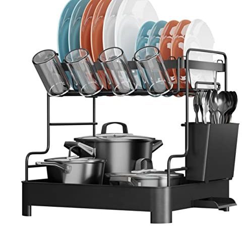 pickpiff 2 Ebenen Abtropfgestell, Geschirr Abtropfständer Geschirrabtropfgestell, Automatische Entwässerung (31.5 * 29.7 * 30cm), Premium-Material Abtropfgestell Schwarz