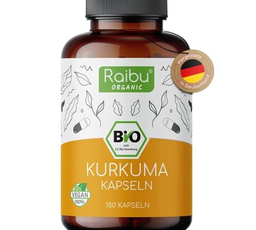 Raibu® BIO Kurkuma Kapseln hochdosiert 180 Curcuma Kapseln mit 3000mg pro Tagesdosis I Hoher Curcumin Gehalt I in Deutschland produziert I Vegan Turmeric Capsules