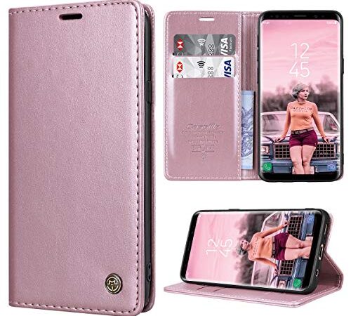 RuiPower Handyhülle für Samsung Galaxy S9 Hülle Premium Leder PU Flip Case Magnetisch Klapphülle Wallet Lederhülle Silikon Bumper Schutzhülle für Samsung Galaxy S9 Tasche - Rose Gold