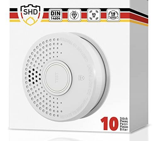 SHD Rauchmelder Set wechselbare Batterien (10x) - DIN EN14604 Geprüft & BSI-Zertifiziert, Brandmelder mit Stummschaltung & Selbsttest Funktion, Rauchmelder Magnethalter geeignet, Feuermelder DOF39