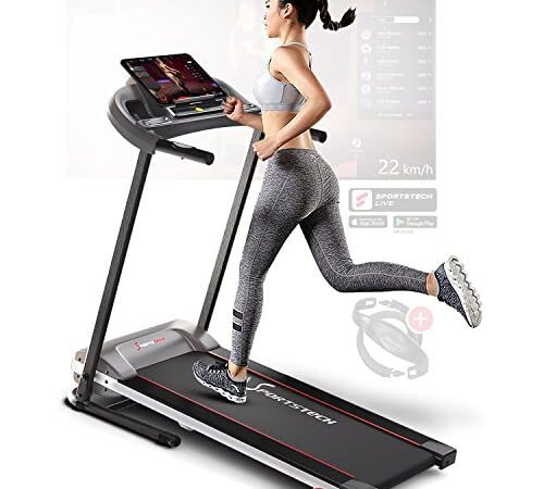 Sportstech F10 Klappbar Laufband für Zuhause - Deutsches Qualitätsunternehmen | Video Event & Multiplayer App + Pulsgurt +13 Programme | 1PS Geschwindigkeit bis zu 10 km/h | Steigung 120 kg Max