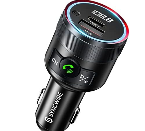Syncwire Bluetooth 5.1 FM Transmitter für Auto, 38W PD&QC3.0 Schnelles Autoladegerät Drahtloses FM Radio Adapter Bass Sound Music Player Car Kit mit Freisprechfunktion USB-Laufwerk