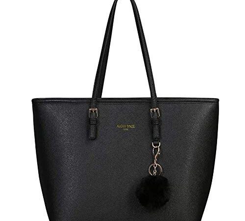 URAQT Damen Handtasche Schwarz, Damen Shopper Handtasche Leder Damen Tasche Groß Schule Handtasche für Büro Schule Einkauf mit Kaninchen Pelz Kugel Plüsch Schlüsselring