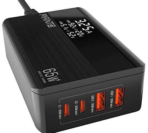 USB C Ladegerät Mehrfach, MANTO 65w 4-Port USB C Ladegerät mit LED-Anzeige, PD3.0 & QC3.0, USB C Netzteile Adapter, Schnellladegerät für MacBook, iPad, iPhone, Samsung Galaxy, Xiaomi Usw