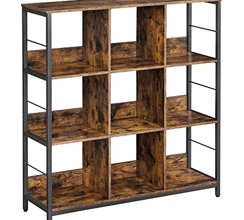 VASAGLE Regal mit 3 Ebenen, Bücherregal, Standregal mit 9 Fächern, für Wohnzimmer, Schlafzimmer, Arbeitszimmer, Küche, 30 x 100 x 103,1 cm, vintagebraun-schwarz LLS112B01