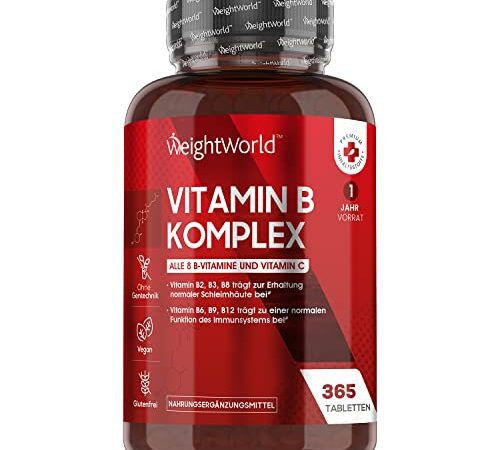 Vitamin B Komplex mit Vitamin C - 50µg Vitamin B12 pro Tablette - 365 Vegane Tabletten (1 Jahr Vorrat) - Alle 8 B Vitamine - 150µg Biotin, 200µg Folsäure - Gut verträglich & bioverfügbar - WeightWorld