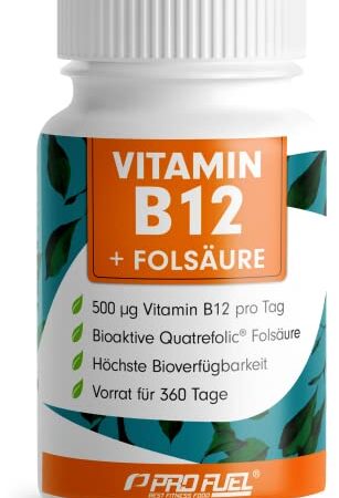 VITAMIN B12 Tabletten 360 Tage Vorrat, optimal hochdosiert mit 500µg Vit B12 + FOLSÄURE 200µg pro Tagesportion (1/2 Tablette), bioaktive Quatrefolic® Folsäure, laborgeprüft mit Zertifikat, 100% vegan