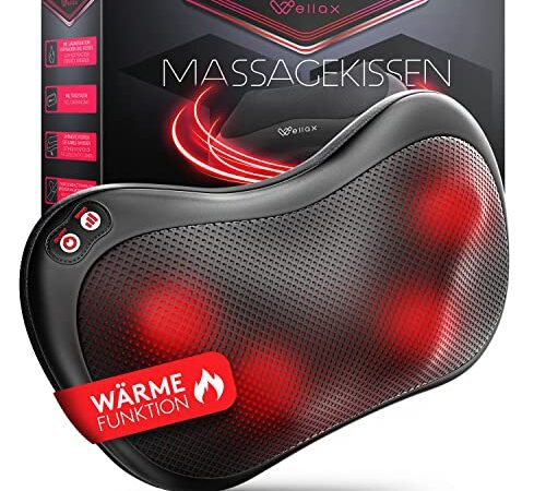 Wellax - Massagekissen mit Wärmefunktion & 360° Drehung - Shiatsu Nackenmassagegerät mit 3 Geschwindigkeiten für Schultern & Rücken - inkl. Verlängerungsgurt - Neck Massager, Schwarz