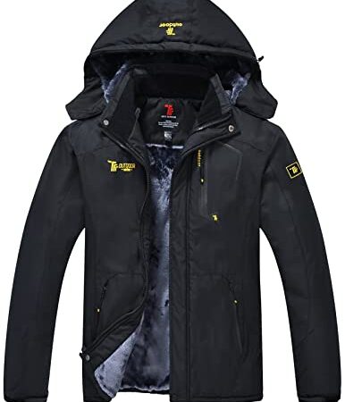 YSENTO Herren Skijacke Wasserdicht Winterjacke Warm Gefüttert Outdoor Funktionsjacke mit Abnehmbarer Kapuze(Schwarz,2XL)