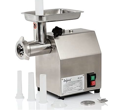 Zelsius Profi Edelstahl Fleischwolf elektrisch | 250W - 75kg/h | Faschiermaschine aus Edelstahl, Wurstmaschine in Gastro Qualität | Fleischmaschine mit Wurstfüller, Sausage Maker